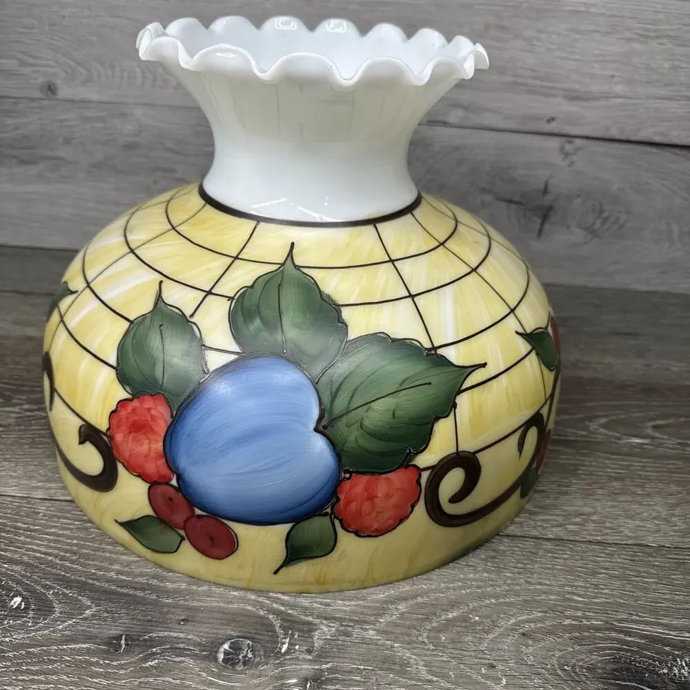 VTG Milky Glass Hand painted Hurricane Lamp Shade 14-3/4” Diameter 9-7/8”Tall